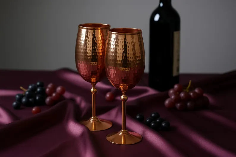 Pure Copper Wine Glasses / Goblets (2pc Set) – Handcrafted & Drinkware, 7th Anniversary Gift, Valentine’s Gift