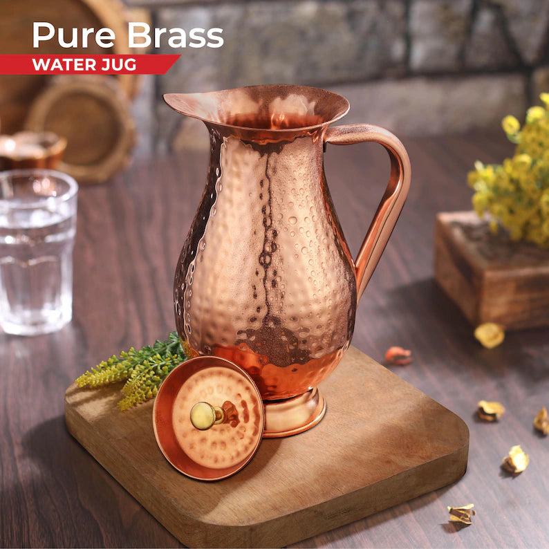Handcrafted 100% Pure Copper Jug Pitcher Drinkware Hammered Finish Ayurveda Health Benefit Apple Jug With Lid