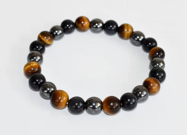 Triple Protection Crystal Bracelet, Tiger Eye - Hematite - Black Obsidian Bracelets, Mixed Stone Bracelet, Health, Luck & Prosperity