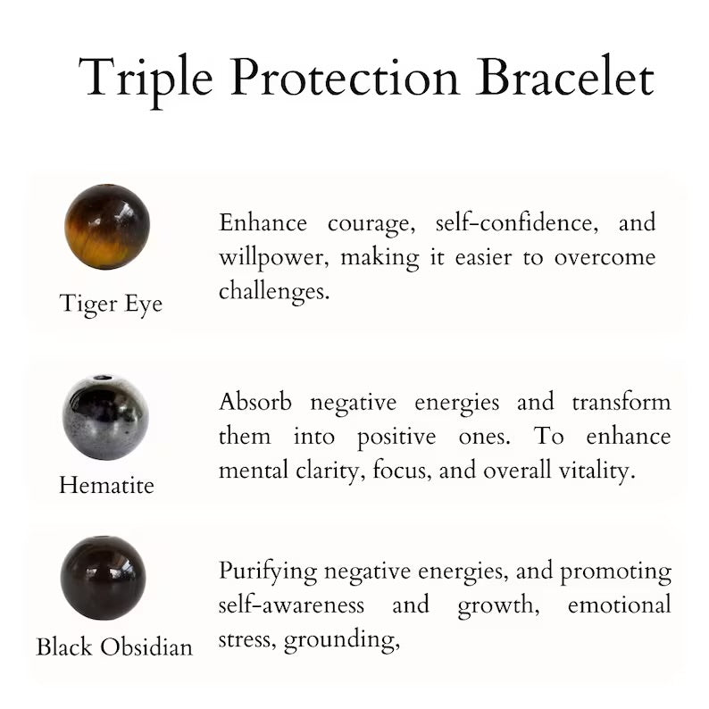 Triple Protection Crystal Bracelet, Tiger Eye - Hematite - Black Obsidian Bracelets, Mixed Stone Bracelet, Health, Luck & Prosperity