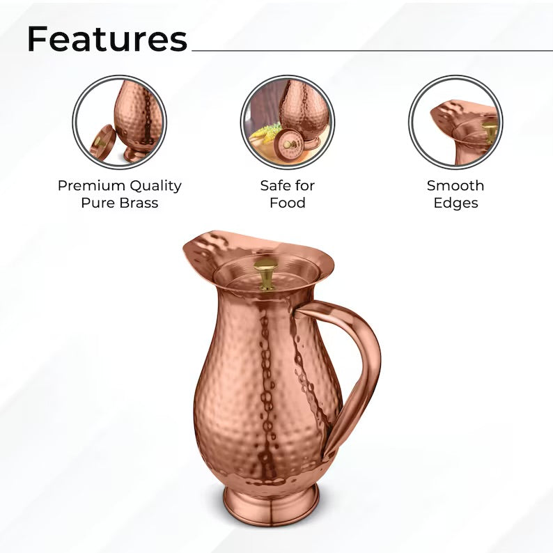 Handcrafted 100% Pure Copper Jug Pitcher Drinkware Hammered Finish Ayurveda Health Benefit Apple Jug With Lid