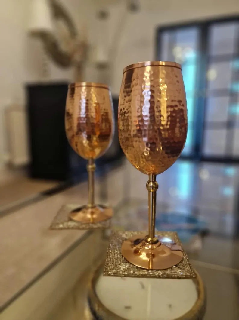 Pure Copper Wine Glasses / Goblets (2pc Set) – Handcrafted & Drinkware, 7th Anniversary Gift, Valentine’s Gift