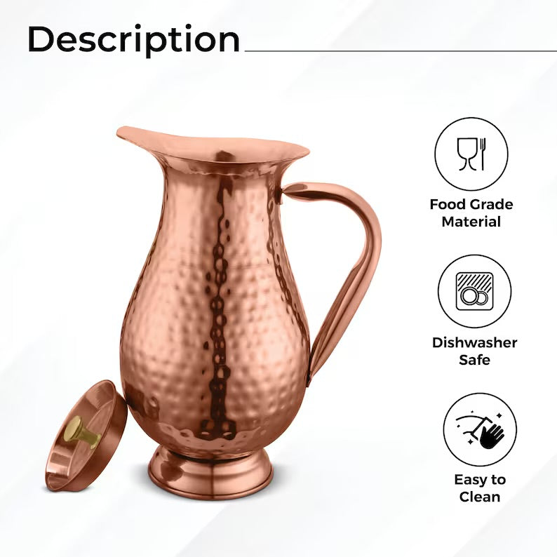 Handcrafted 100% Pure Copper Jug Pitcher Drinkware Hammered Finish Ayurveda Health Benefit Apple Jug With Lid