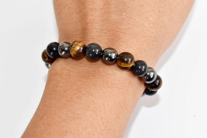 Triple Protection Crystal Bracelet, Tiger Eye - Hematite - Black Obsidian Bracelets, Mixed Stone Bracelet, Health, Luck & Prosperity
