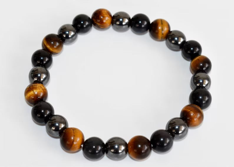 Triple Protection Crystal Bracelet, Tiger Eye - Hematite - Black Obsidian Bracelets, Mixed Stone Bracelet, Health, Luck & Prosperity