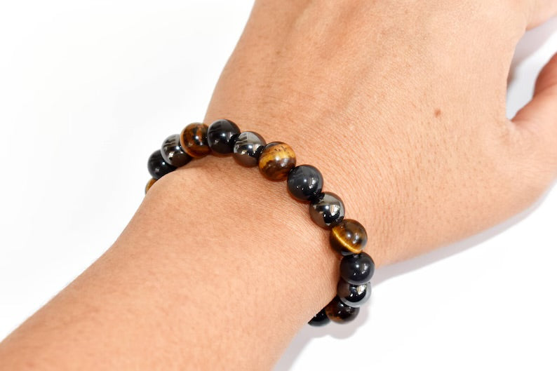 Triple Protection Crystal Bracelet, Tiger Eye - Hematite - Black Obsidian Bracelets, Mixed Stone Bracelet, Health, Luck & Prosperity