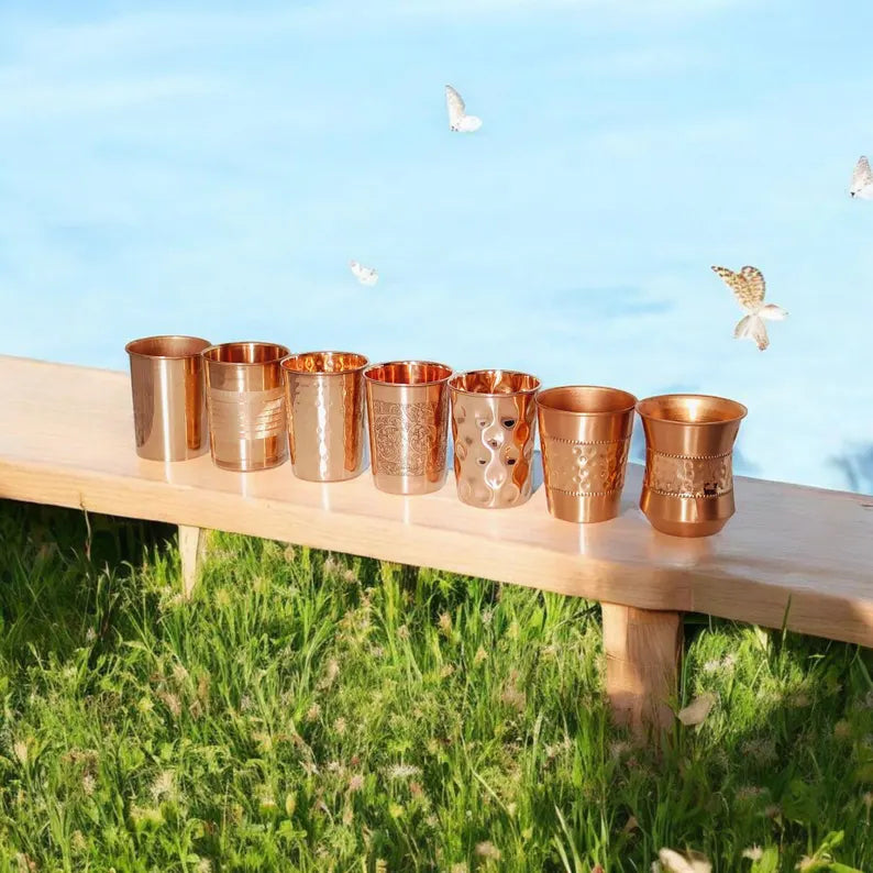 100% Pure Copper Set  - Handcrafted Ayurvedic Tumbler for Water & Wellness, Pure Copper Mug, Copper Tumbler, Ayurvedic Tumbler 7 Piece