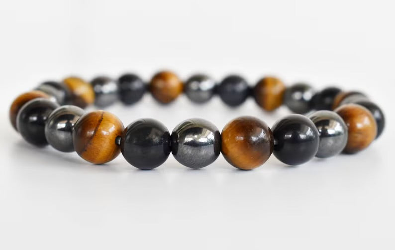 Triple Protection Crystal Bracelet, Tiger Eye - Hematite - Black Obsidian Bracelets, Mixed Stone Bracelet, Health, Luck & Prosperity
